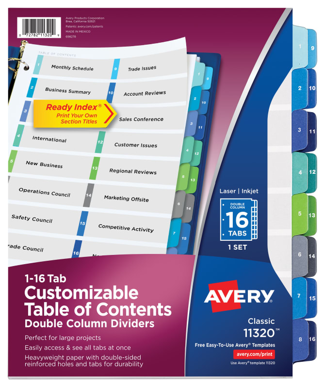 Avery Customizable Table Of Contents Double Column Dividers Ready Index Printable Section Titles Preprinted 1 16 Multicolor Tabs 1 Set 11320