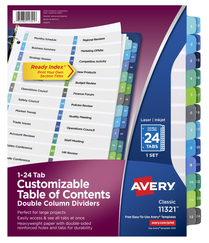 Avery Ready Index 24 Tab Double Column Dividers Printable Table Of Contents Multicolor Tabs 1 Set 11321