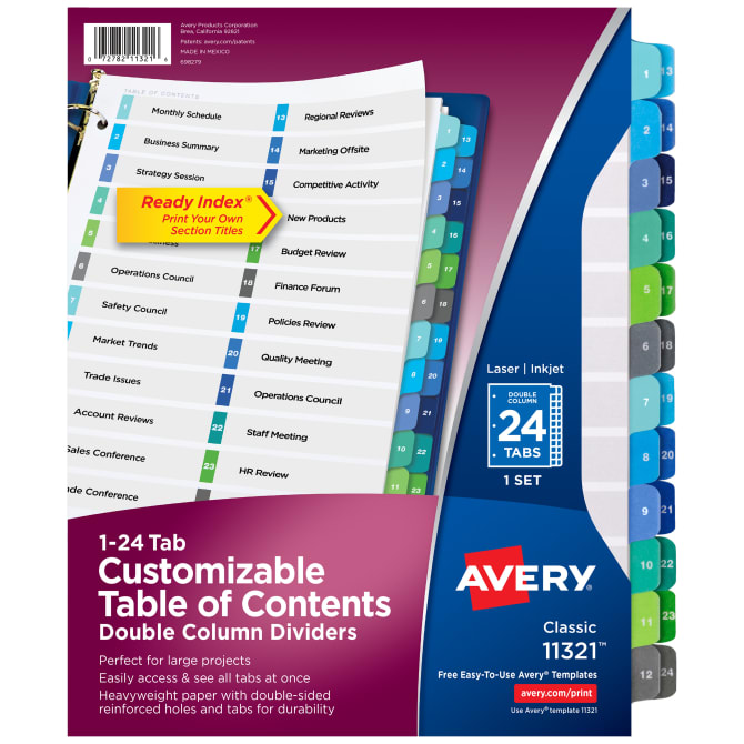 1 Set 24-Tab Set 4 Packs 11321 Avery Double-Column Ready Index Dividers 