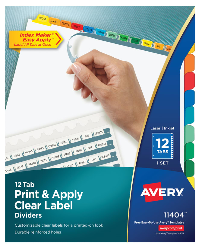 New Avery Clear Easy Apply label index Maker Divider 11404 12 Tabs 1 Set 