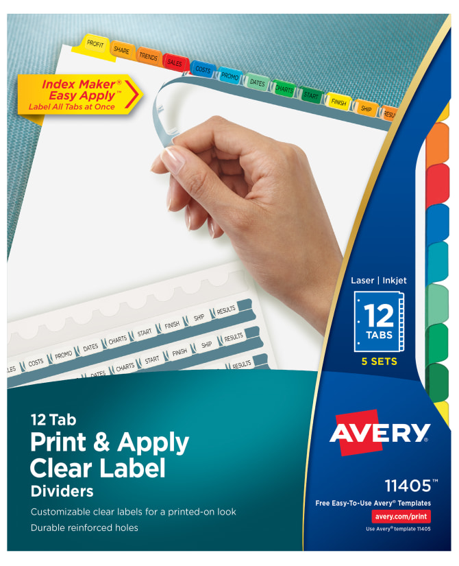 Avery Print Apply Clear Label Dividers Index Maker Easy Apply Printable Label Strip 12 Multicolor Tabs 5 Sets 11405