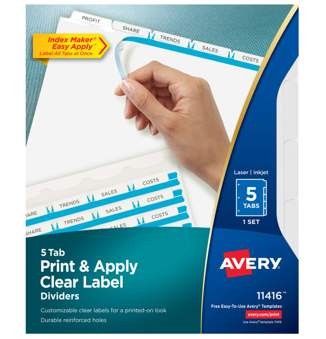 Avery Print Apply Clear Label Dividers Index Maker Easy Apply Printable Label Strip 5 White Tabs 11416