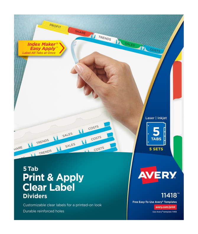 Avery Print Apply Clear Label Dividers Index Maker Easy Apply Printable Label Strip 5 Multicolor Tabs 5 Sets 11418