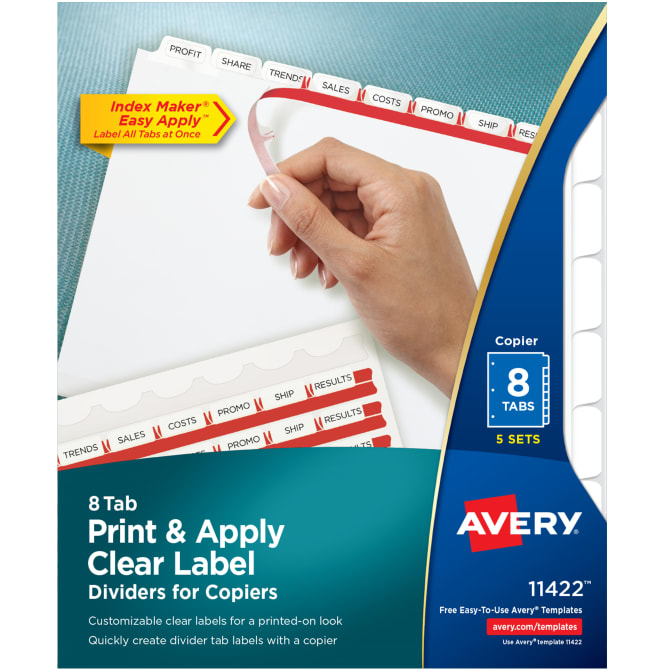 Avery® Print & Apply Clear Label Dividers, Index Maker® Easy Peel®  Printable Labels for Copiers, 8 White Tabs, 5 Sets (11422)