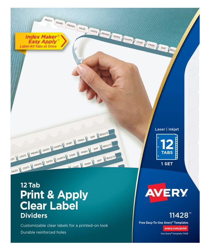 Avery® Print & Apply Clear Label Dividers, Index Maker® Easy Apply™  Printable Label Strip, 12 White Tabs (11428)