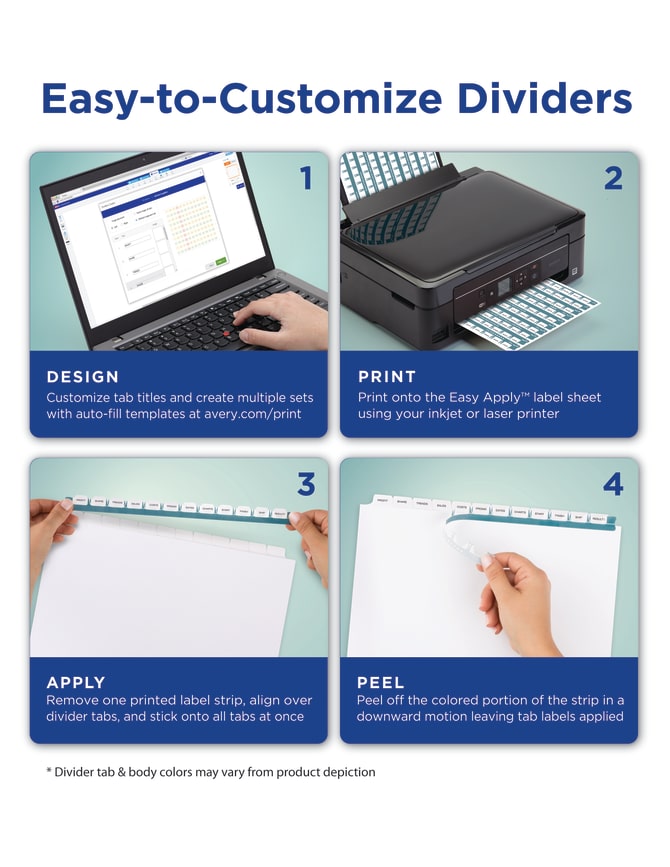 Avery® Print & Apply Clear Label Dividers, Index Maker® Easy Apply™  Printable Label Strip, 12 White Tabs, 5 Sets (11429)