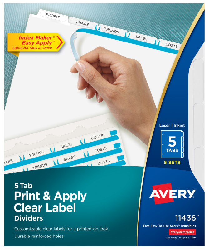 Avery Print Apply Clear Label Dividers Index Maker Easy Apply Printable Label Strip 5 White Tabs 5 Sets 11436