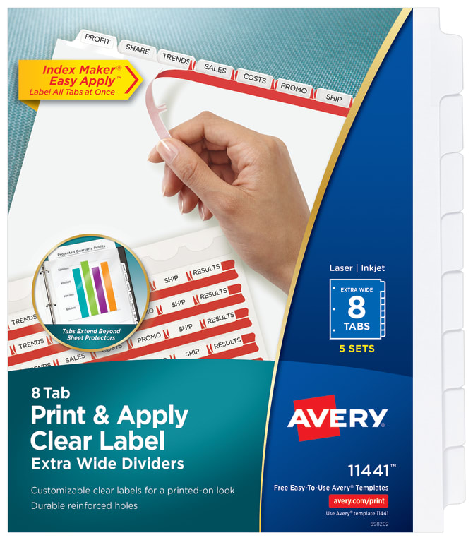 Avery Print Apply Clear Label Extra Wide Dividers Index Maker Easy Apply Printable Label Strip 8 White Tabs 5 Sets 11441