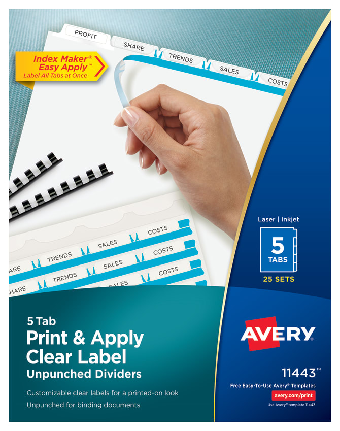 Avery Print Apply Clear Label Unpunched Dividers Index Maker Easy Apply Printable Label Strip 5 White Tabs 25 Sets 11443
