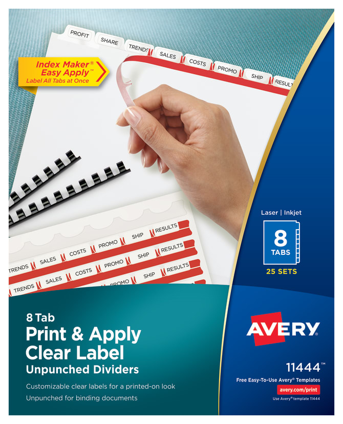 Avery Print Apply Clear Label Unpunched Dividers Index Maker Easy Apply Printable Label Strip 8 White Tabs 25 Sets 11444