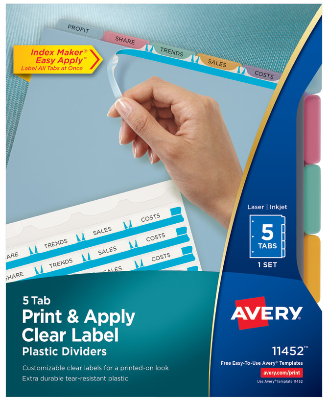 Avery Print Apply Clear Label Translucent Plastic Dividers Index Maker Easy Apply Printable Label Strip 5 Multicolor Tabs 11452