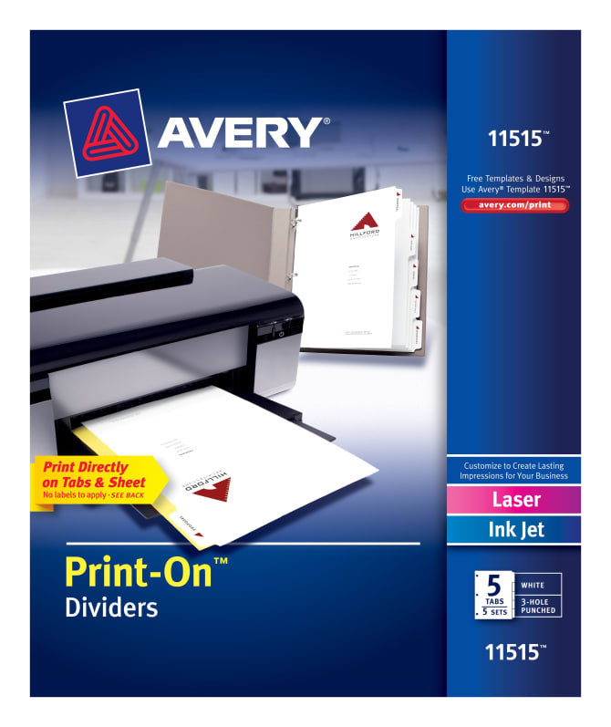 Avery® Print-On™ Dividers, 5 Tabs, 5 Sets (11515)