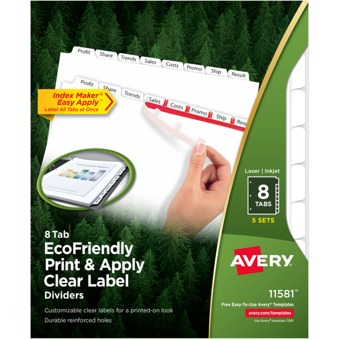 Avery® Print & Apply Clear Label EcoFriendly Dividers, Index Maker® Easy  Apply™ Printable Label Strip, 8 White Tabs, 5 Sets (11581)