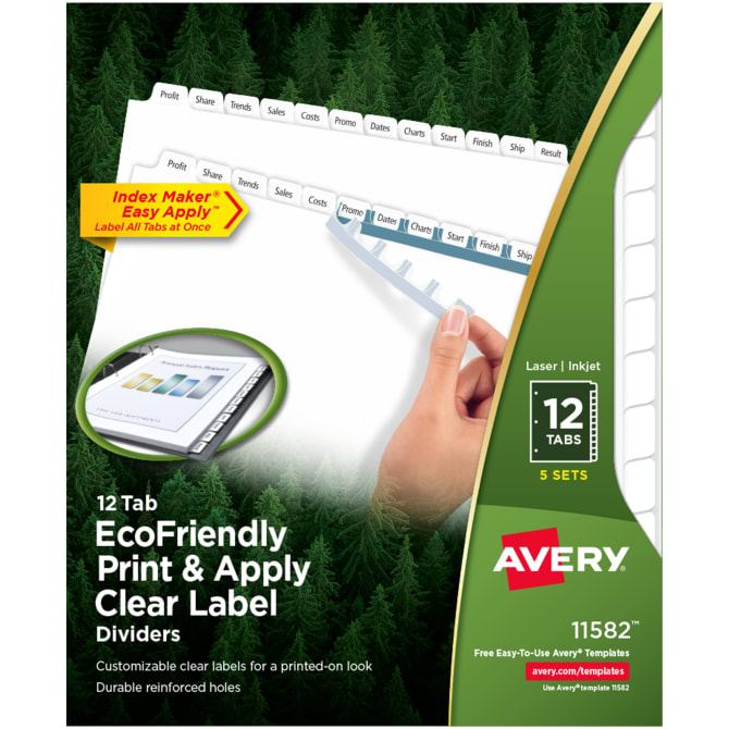 Avery® Print & Apply Clear Label EcoFriendly Dividers, Index Maker® Easy  Apply™ Printable Label Strip, 12 White Tabs, 5 Sets (11582)