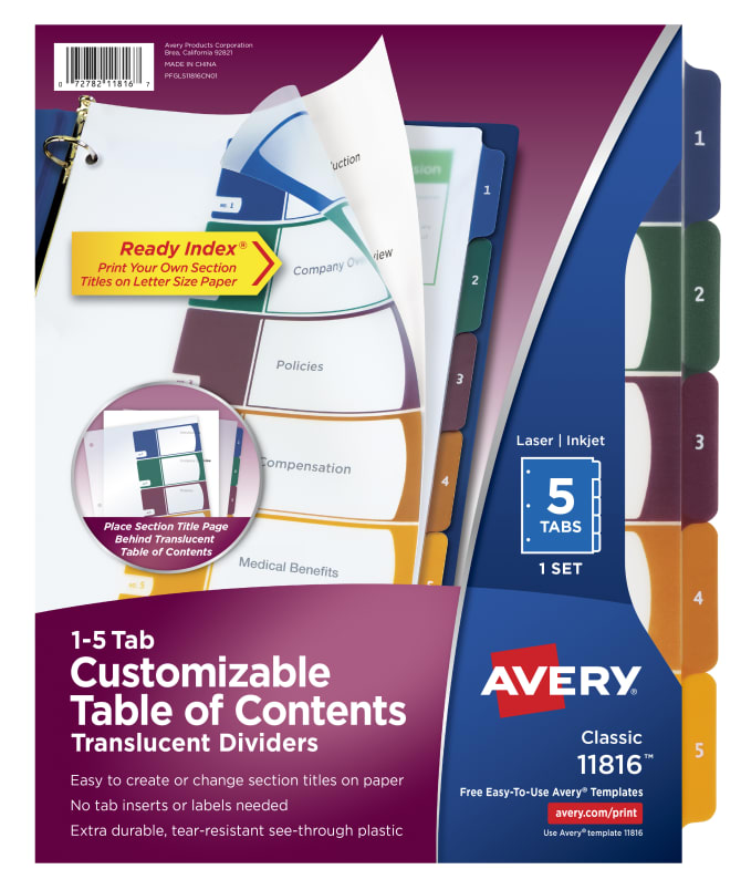 Avery Customizable Table Of Contents Translucent Plastic Dividers Ready Index Printable Section Titles Preprinted 1 5 Multicolor Tabs 1 Set