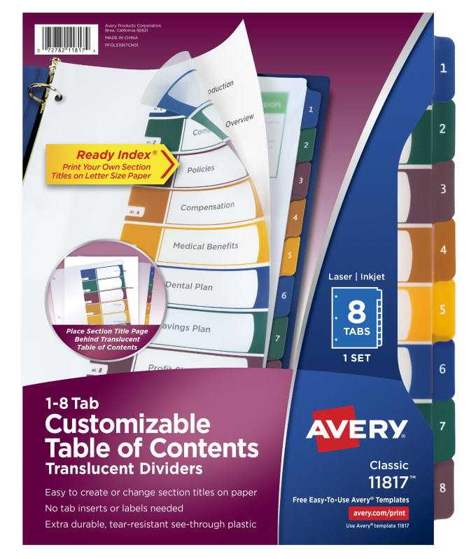Avery Customizable Table Of Contents Translucent Plastic Dividers Ready Index Printable Section Titles Preprinted 1 8 Multicolor Tabs 1 Set