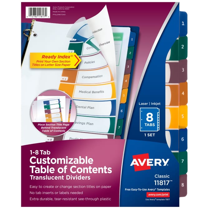 AveryÂ® Ready IndexÂ® Plastic 8 Tab Binder Dividers Customizable Table of  Contents, Multicolor Tabs, 1 Set (11817)