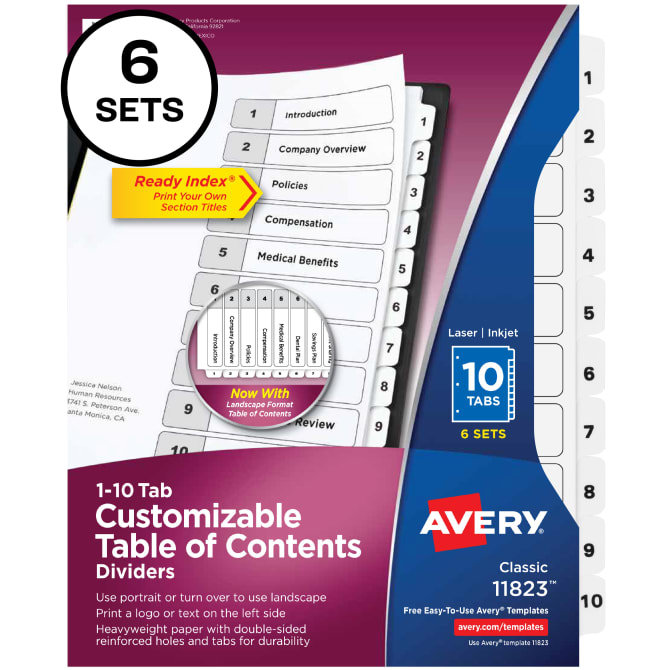 Avery® Ready Index® 10-Tab Binder Dividers, Customizable Table of Contents,  Classic White Tabs, 6 Sets (11823)