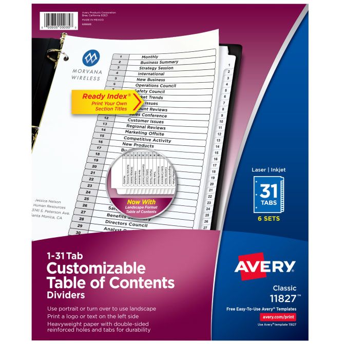 Avery® Ready Index® 31 Tab Binder Dividers, Customizable Table of Contents,  Classic White Tabs, 6 Sets (11827)