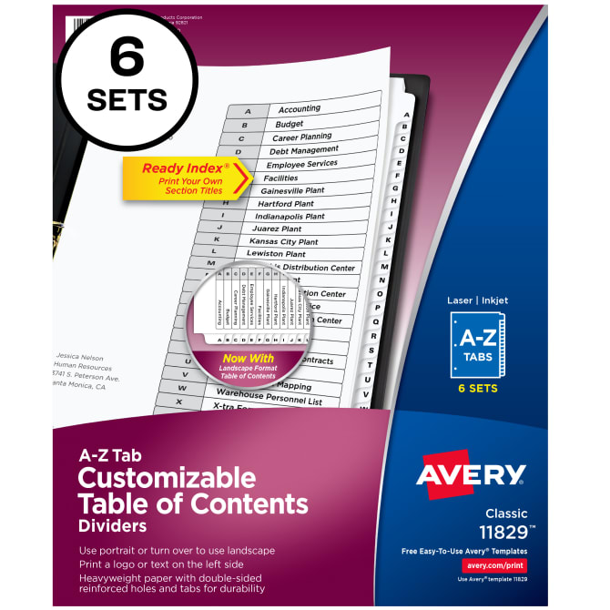 11125 A-Z Tab Dividers for 3 Ring Binders 1 Set Customizable Table of Contents Multicolor Tabs 