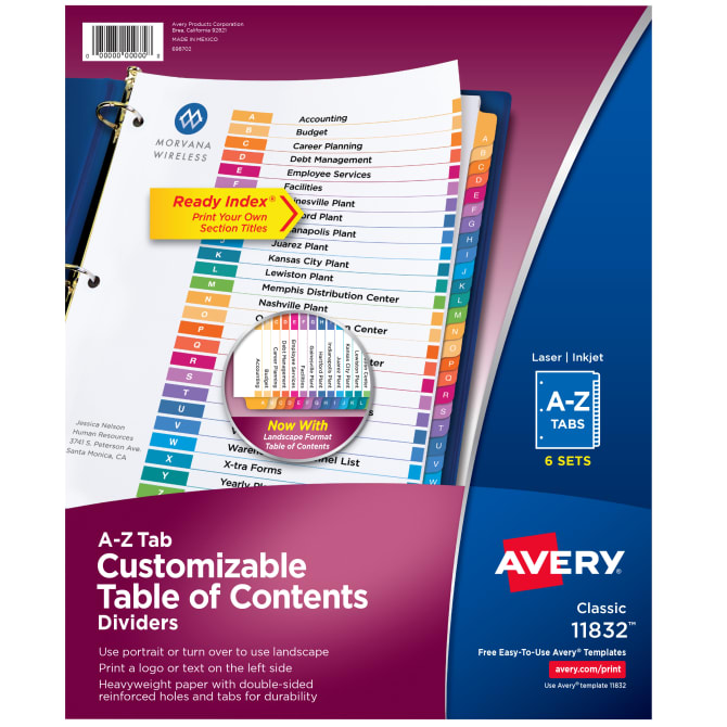 Avery A-Z Tab Dividers for 3 Ring Binders 11832 Multicolor Tabs 6 Sets Customizable Table of Contents 