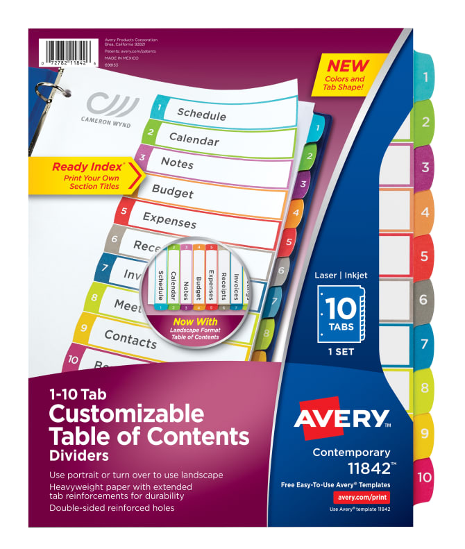 Avery Ready Index 10 Tab Binder Dividers Customizable Table Of Contents Contemporary Multicolor Tabs 1 Set 11842