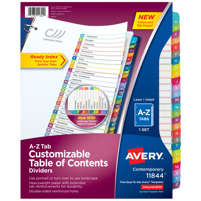 Multicolor Tabs Printable Table of Contents 11125 Case Pack of 12 Sets Avery Ready Index A-Z Dividers 