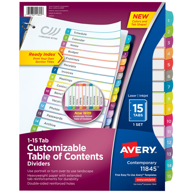 1-15 Numbered Mylar Tab Dividers Set of 5