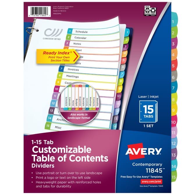 Avery® Ready Index® 15 Tab Binder Dividers, Multicolor Tabs, 1 Set