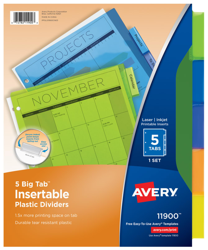 Avery Big Tab Insertable Plastic Dividers 5 Tab Set Multicolor 11900