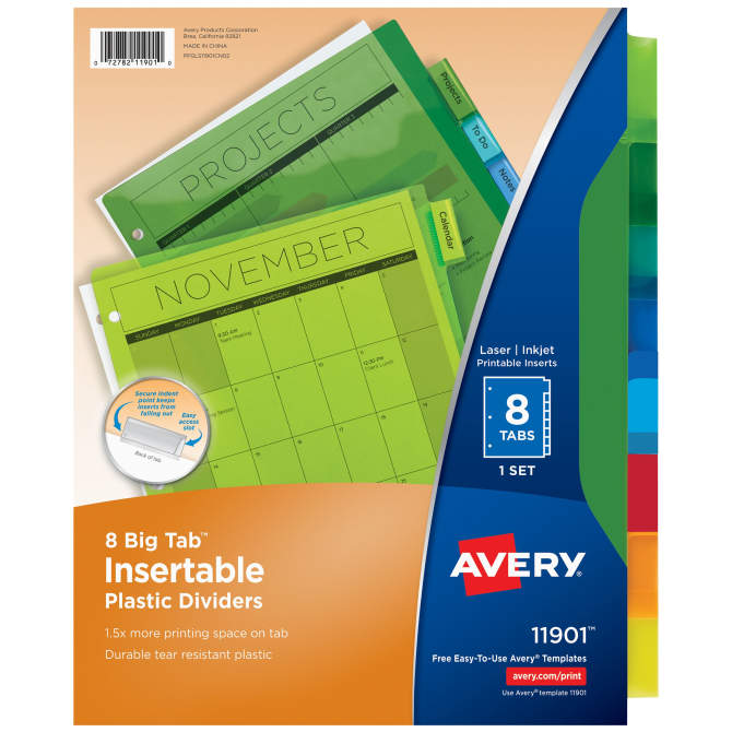 Avery® 8-Tab Binder Dividers, Big Tab™ Insertable Plastic Dividers,  Multicolor, 1 Set (11901)