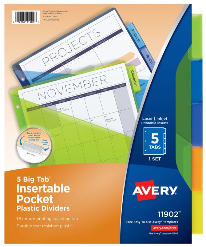 Avery Big Tab Insertable Plastic Dividers With Pockets 5 Tab Set Multicolor 11902