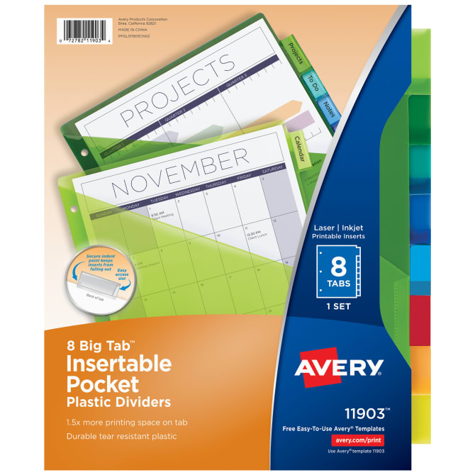 1 Set 8 Multicolor Tabs 11903 Avery Big Tab Insertable Plastic Dividers with Pockets