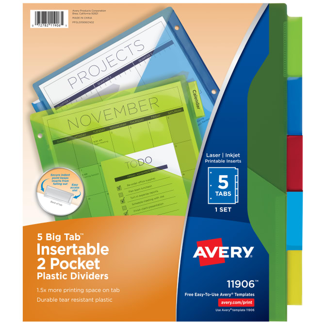 Avery® 5-Tab Plastic Binder Dividers, Big Tab™ Insertable Divider with Two  Pockets, Multicolor, 1 Set (11906)