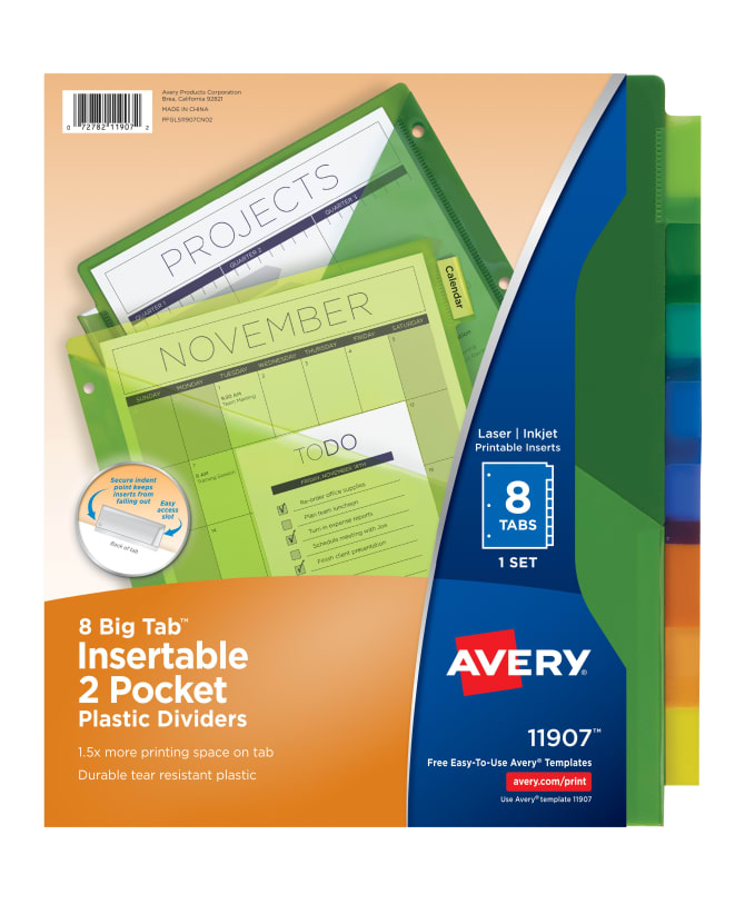 Avery Big Tab Insertable Two Pocket Plastic Dividers 8 Tab Set Multicolor 11907