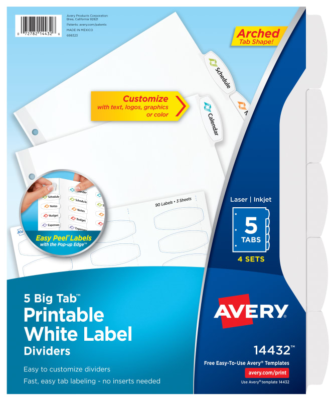 Avery Big Tab Label Dividers Easy Peel Labels 5 Tabs 4 Sets 14432