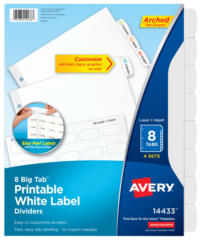 Big Tab Printable White Label Dividers with Easy Peel - New 4 Sets 14433 8 Tabs 