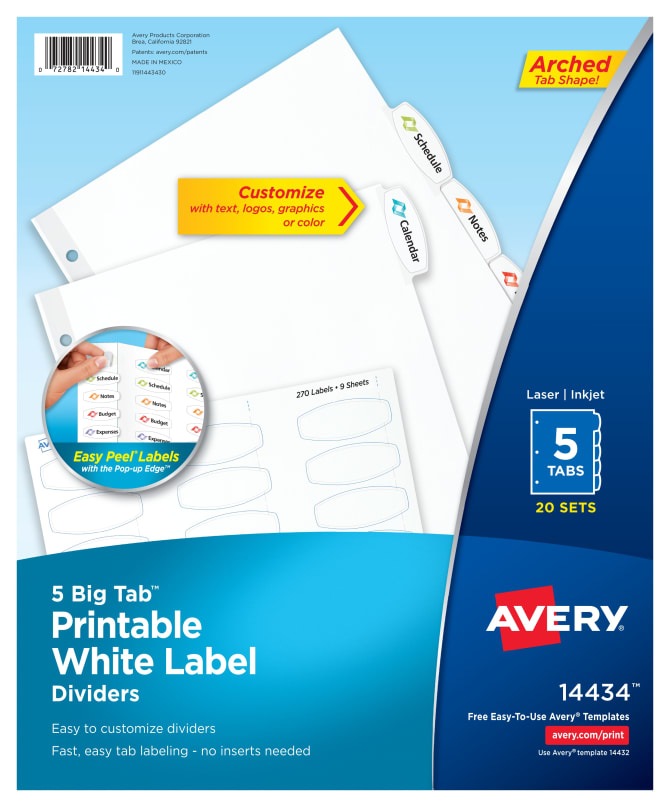 Avery Big Tab Printable Label Dividers 5 Tabs 20 Sets 14434