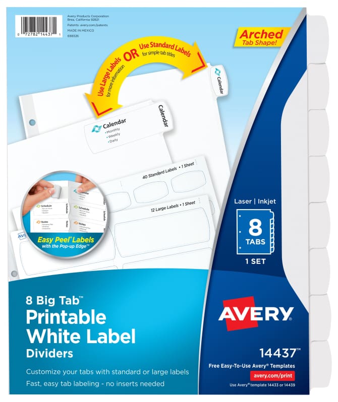 Avery® Big Tab™ Printable Label Dividers, Easy Peel®, 8-Tab Set (14437)