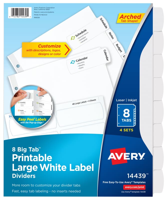 Avery Big Tab Large Label Dividers Easy Peel Labels 8 Tabs 4 Sets 14439