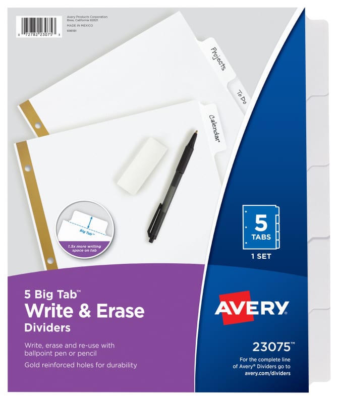 Avery Big Tab Write Erase Dividers 5 Tab Set 23075