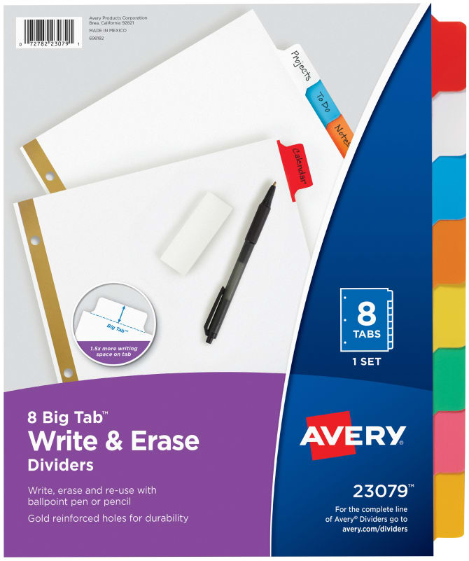 Write & Erase Multicolor Tabs 1 Set Avery 5-Tab Plastic Mini Binder Dividers 