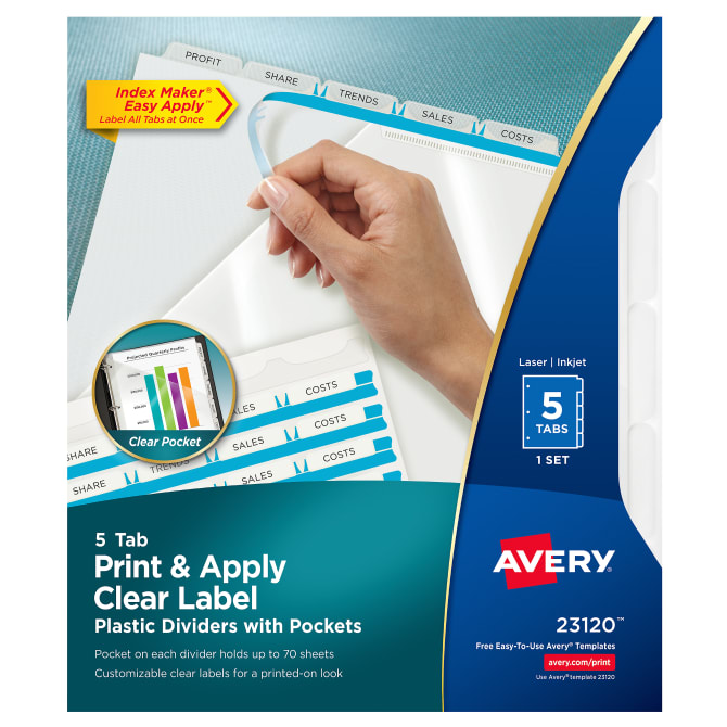 Avery Clear Pocket Plastic Dividers, Index Maker® Easy Apply™ 5-Tab Set  (23120)