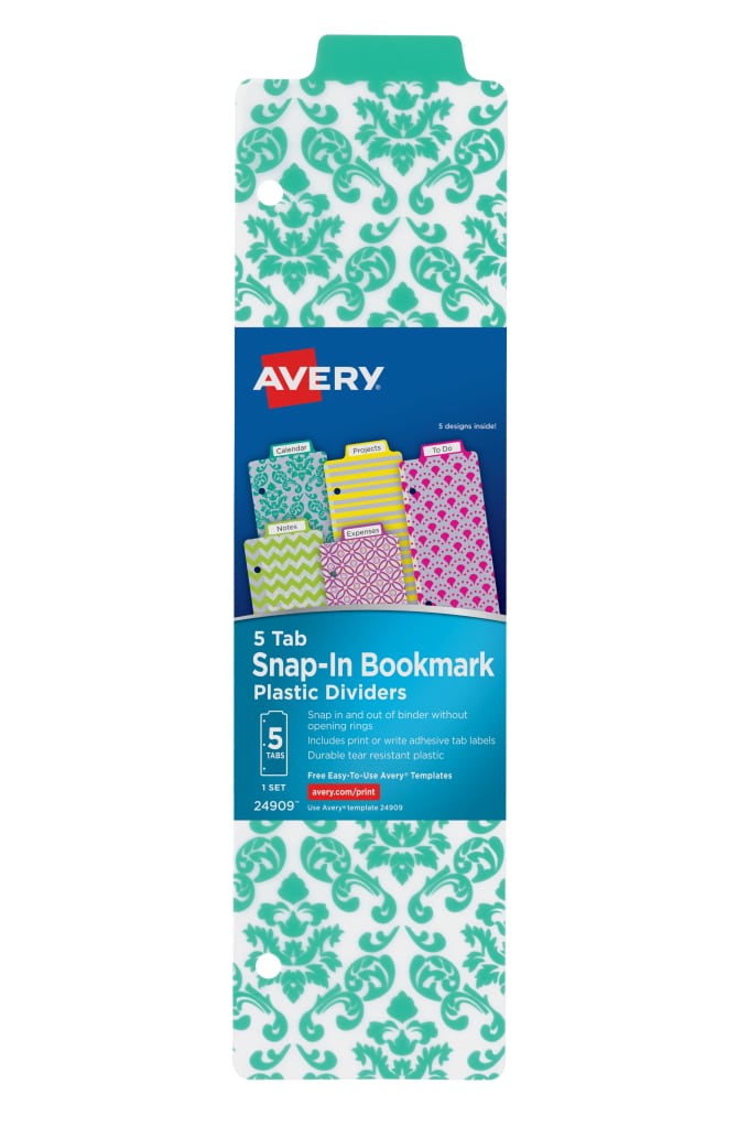 Avery Snap In Plastic Bookmark Dividers 5 Tab Set Assorted Designs 24909