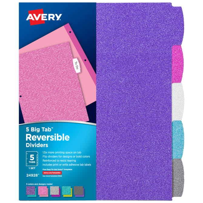 5-Tab Set 24928 Assorted Colors Avery Big Tab Reversible Fashion Dividers