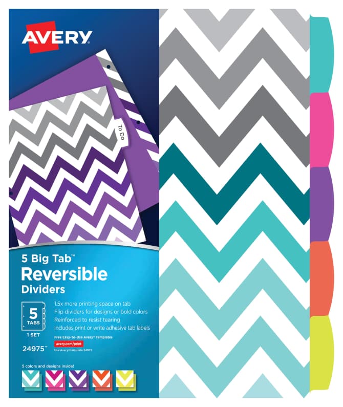 Avery Big Tab Reversible Fashion Dividers Chevron 5 Tab Set 24975