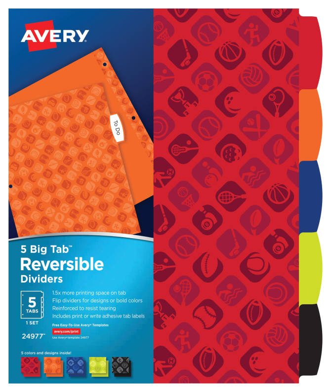 Avery Big Tab Reversible Fashion Dividers Sports 5 Tab Set 24977