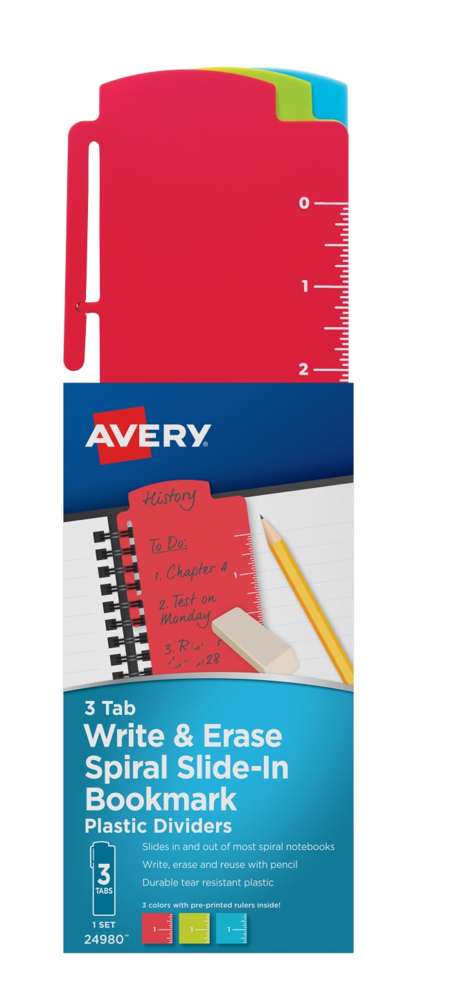Avery Spiral Slide In Plastic Bookmark Dividers Write Erase 3 Tab Set Assorted Colors 24980