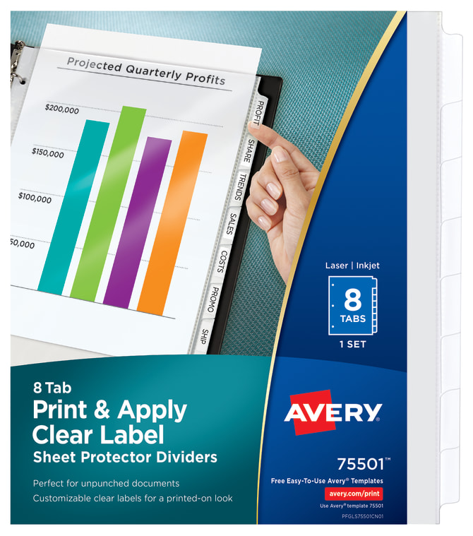 Avery Print Apply Clear Label Sheet Protector Dividers Index Maker Easy Peel Printable Labels 8 White Tabs 75501