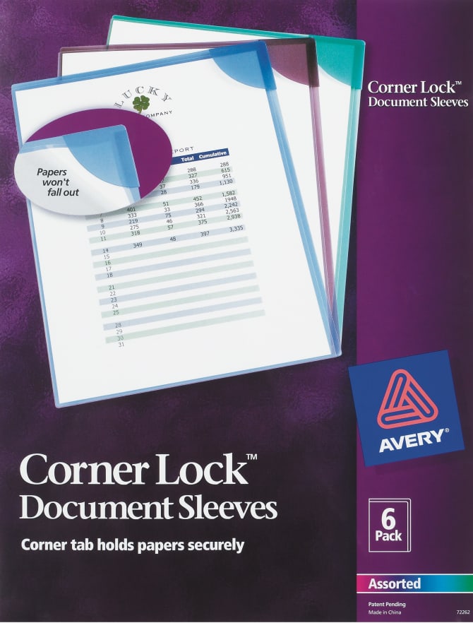 Avery Corner Lock Document Sleeves, Holds up to 20 Sheets, Assorted Colors,  6 Plastic Sleeves (72262)
